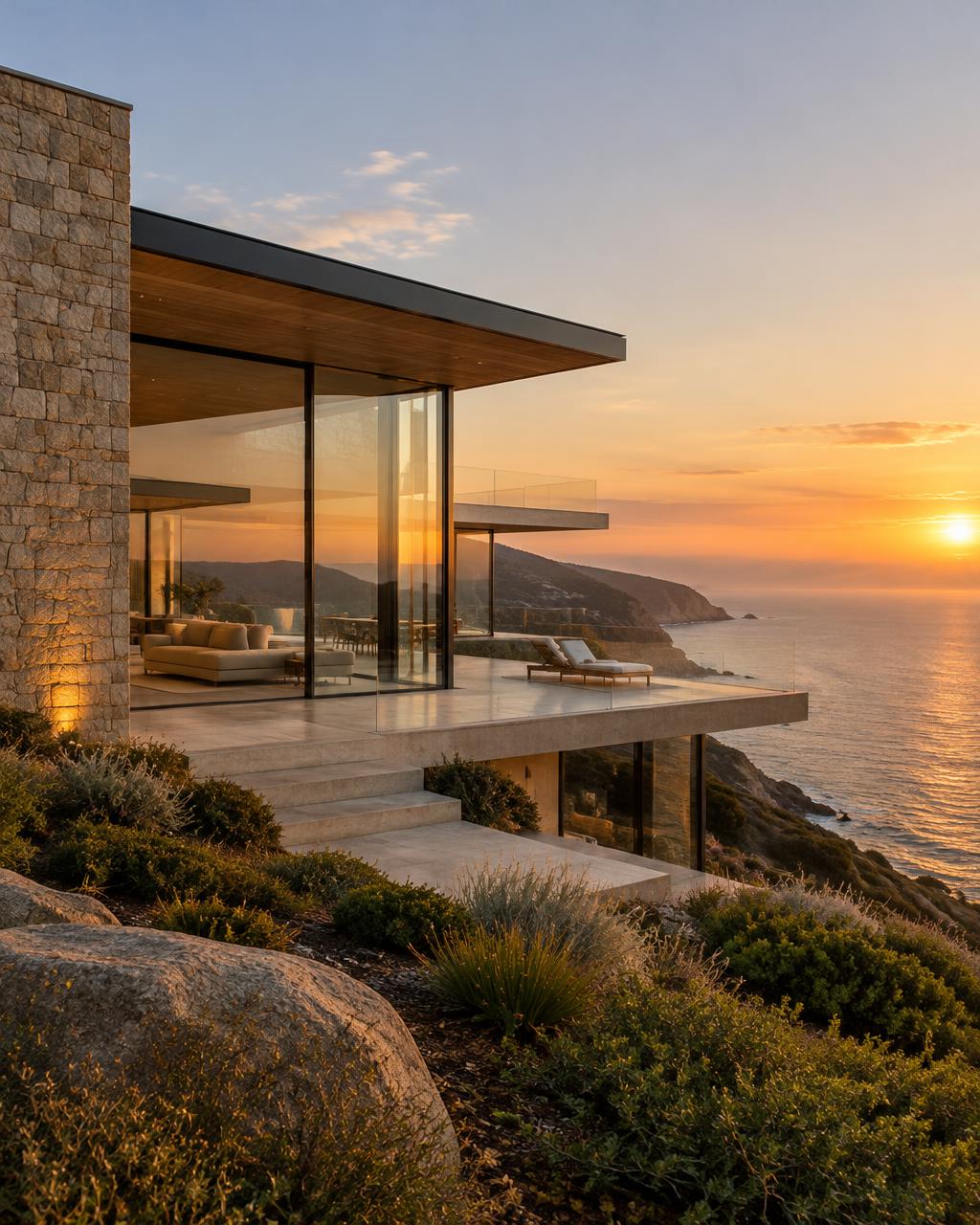 Casa de vidro e pedra em encosta com vista para o mar (ilustrativa)