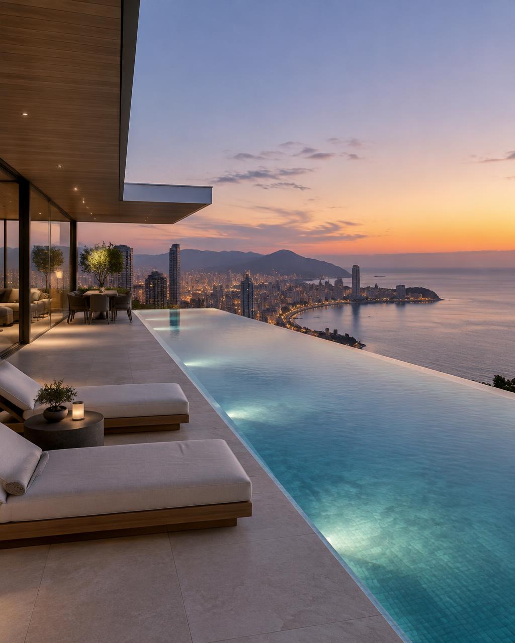 Terraço de cobertura com piscina ao entardecer (ilustrativa)